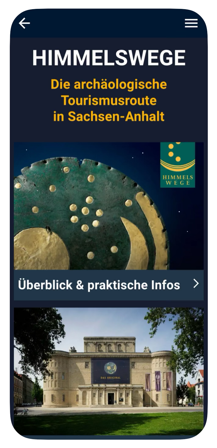 Landing Page der Himmelswege-App mit Bild der Himmelsscheibe und des Landesmuseums für Vorgeschichte Halle (Saale)