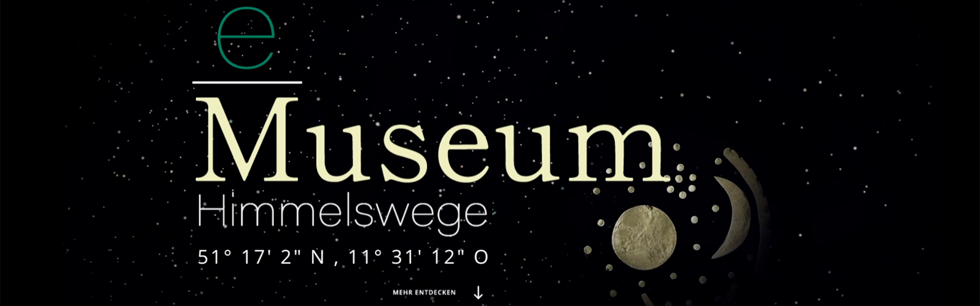Landing Page des eMuseums mit Titel in Gold und Sternenhimmel im Hintergrund,  seitlich das Bild der Himmelsscheibe von Nebra